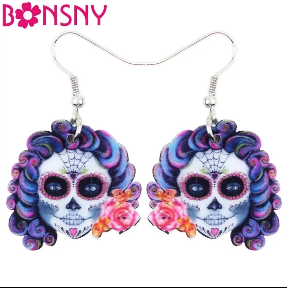 Sugar Skull Girl Acrylic Earrings Day Of The Dead